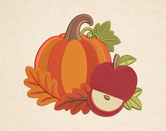 Pumpkin Embroidery Design, Fall Autumn Machine Embroidery File, Thanksgiving Embroidery, Apple & Leaves, 14 Sizes