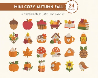 Mini Cozy Autumn Embroidery Bundle, Fall Pumpkin Woodland Machine Embroidery Files, Cottagecore Autumn Icons 24 Designs 5 Size