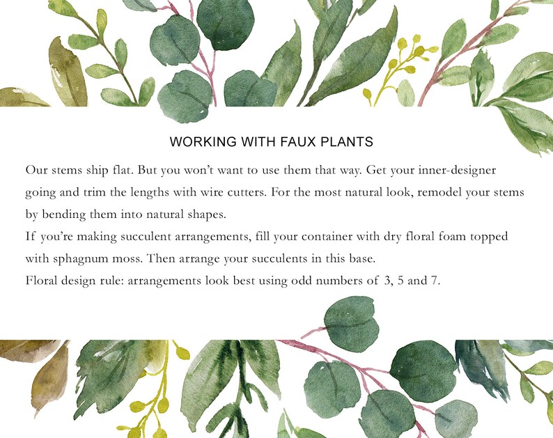 Pode incluir: Texto sobre um fundo branco com folhas verdes em aquarela. O texto diz "WORKING WITH FAUX PLANTS" e fornece instru&ccedil;&otilde;es sobre como organizar plantas artificiais. Nossos caules s&atilde;o enviados planos. Mas voc&ecirc; n&atilde;o vai querer us&aacute;-los dessa maneira. Deixe seu designer interior entrar em a&ccedil;&atilde;o e corte os comprimentos com cortadores de arame. Para uma apar&ecirc;ncia mais natural, remodele os caules dobrando-os em formas naturais. Se voc&ecirc; est&aacute; fazendo arranjos de suculentas, preencha seu recipiente com espuma floral seca coberta com musgo de esfagno. Em seguida, coloque suas suculentas nesta base. Regra de design floral: os arranjos ficam melhores usando n&uacute;meros &iacute;mpares de 3, 5 e 7.