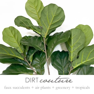May include: A close-up of a bunch of artificial fiddle leaf fig leaves. The leaves are a deep green color and have a realistic texture. The leaves are arranged in a way that suggests they are part of a larger plant. The text "DIRT couture" is visible at the bottom of the image, along with the phrase "faux succulents + air plants + greenery + tropicals".