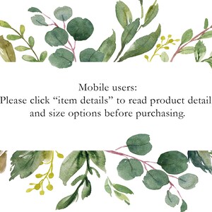 Pode incluir: Uma ilustra&ccedil;&atilde;o em aquarela de folhas e galhos verdes com o texto "Usu&aacute;rios m&oacute;veis: Por favor, clique em "detalhes do item" para ler os detalhes do produto e as op&ccedil;&otilde;es de tamanho antes de comprar."