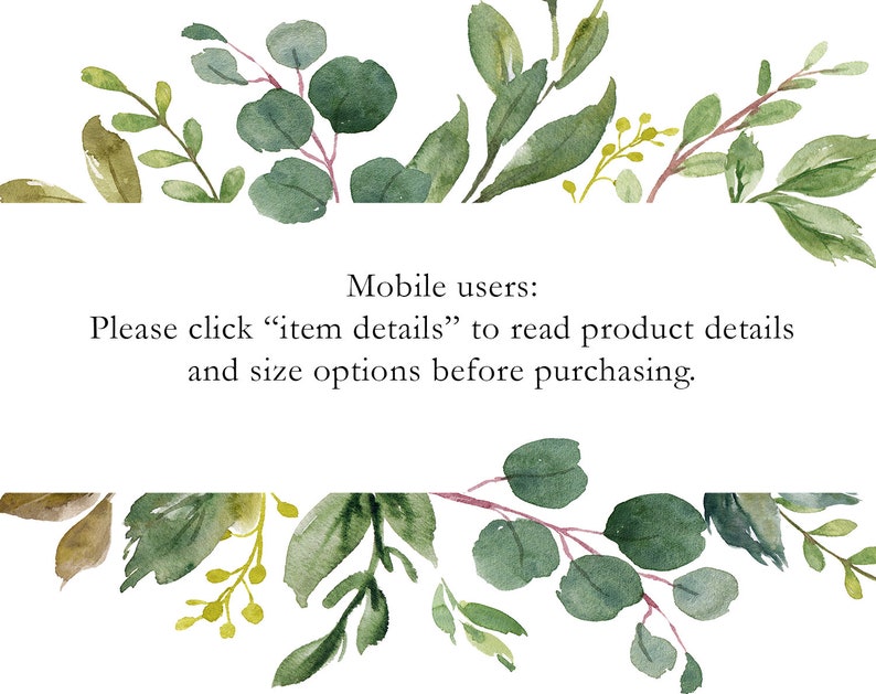 Pode incluir: Uma ilustra&ccedil;&atilde;o em aquarela de folhas e galhos verdes com o texto "Usu&aacute;rios m&oacute;veis: Por favor, clique em "detalhes do item" para ler os detalhes do produto e as op&ccedil;&otilde;es de tamanho antes de comprar."