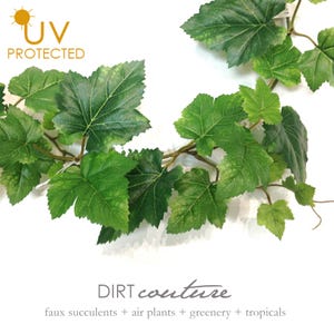 May include: A close-up of a green artificial vine with leaves. The vine is UV protected and is labeled "DIRT couture faux succulents + air plants + greenery + tropicals".