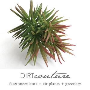 May include: A bunch of faux succulents with green and red leaves. The succulents are arranged in a cluster and have a natural, realistic look. The text "DIRTcouture" and "faux succulents + air plants + greenery" is visible below the succulents.