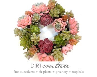 Succulent wreath, candle ring, 11-inch pink wreath, tabletop succulent