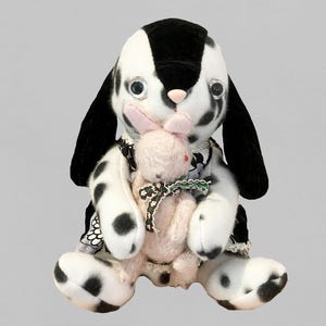 Plush Bunny Doll with pink bunny companion, OOAK Rabbit, Handmade Art Doll, Collectible Teddy Bear in Rabbit style, Gift for Animal Lover