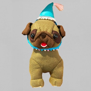 Pug Dog Doll with Party Cap, Olive Color, One of a Kind Animal Doll, Handcrafted, Collectible Plush Pug Doll, Unique Gift for Pug Dog Lover