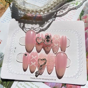 Sweet Pink Heart Bow 3D Gel Press On Nails | Rhinestone Luxury Reusable False Nails | Fake False Nail Art | Gift | Bridal | Wedding | Party