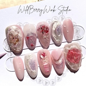 Uñas postizas / Uñas de gel con diseño de flor de cerezo rosa y 3D / Uñas florales japonesas hechas a mano / Para novias, bodas, regalos, fiestas, uñas postizas/con efecto espejo