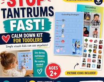 May include: A printable PDF calm down kit for toddlers. The kit includes grounding strategies, picture icons, and is designed for ages 2+. The kit is designed by a behaviour analyst and is easy for non-readers.