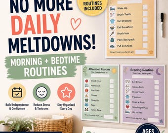 May include: Printable morning and bedtime routine charts with icons and checklists. The charts include morning, afternoon, and evening routines. The charts are designed for ages 2+ and help build independence and reduce stress.