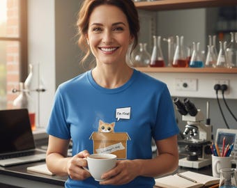 以下が含まれることがあります： 青いTシャツを着た女性が、箱に入った漫画の猫のイラストを持ち、白いマグカップを持っています。Tシャツには吹き出しで「I'm fine!」と書かれています。背景には、科学機器のある実験室が写っています。