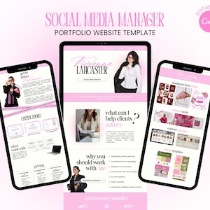 May include: A digital portfolio website template for social media managers, displayed on one tablet and two smartphone screens. The design features a pink and white color scheme with sections for bio, services, certifications, and portfolio work.