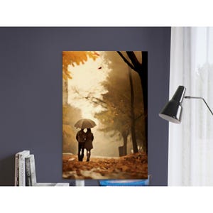 Romantic Autumn Couple Canvas Wall Art - Rainy Walk Under Umbrella Painting - Perfect Gift for Home, Friends and Family