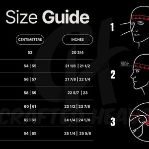 May include: Black and white size guide with measurements in centimeters and inches. The guide includes sizes XS to 3XL, with corresponding head circumference measurements. Diagrams illustrate how to measure the head for accurate sizing.