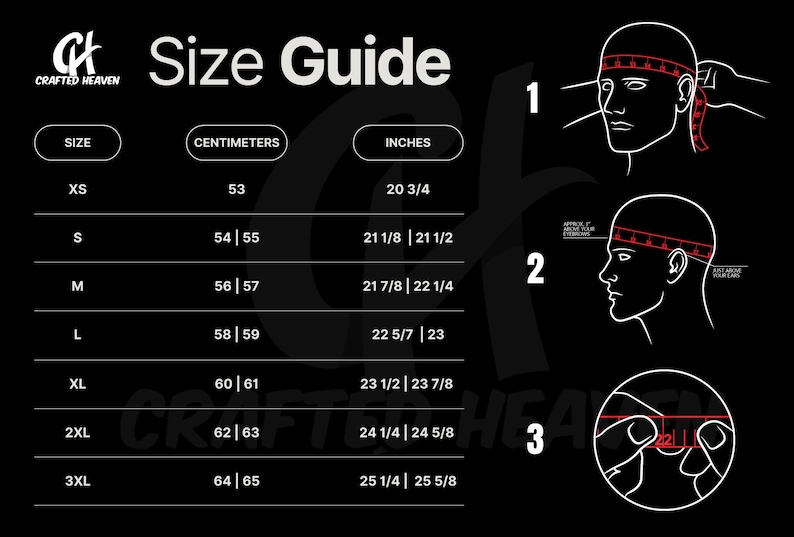 May include: Black and white size guide with measurements in centimeters and inches. The guide includes sizes XS to 3XL, with corresponding head circumference measurements. Diagrams illustrate how to measure the head for accurate sizing.