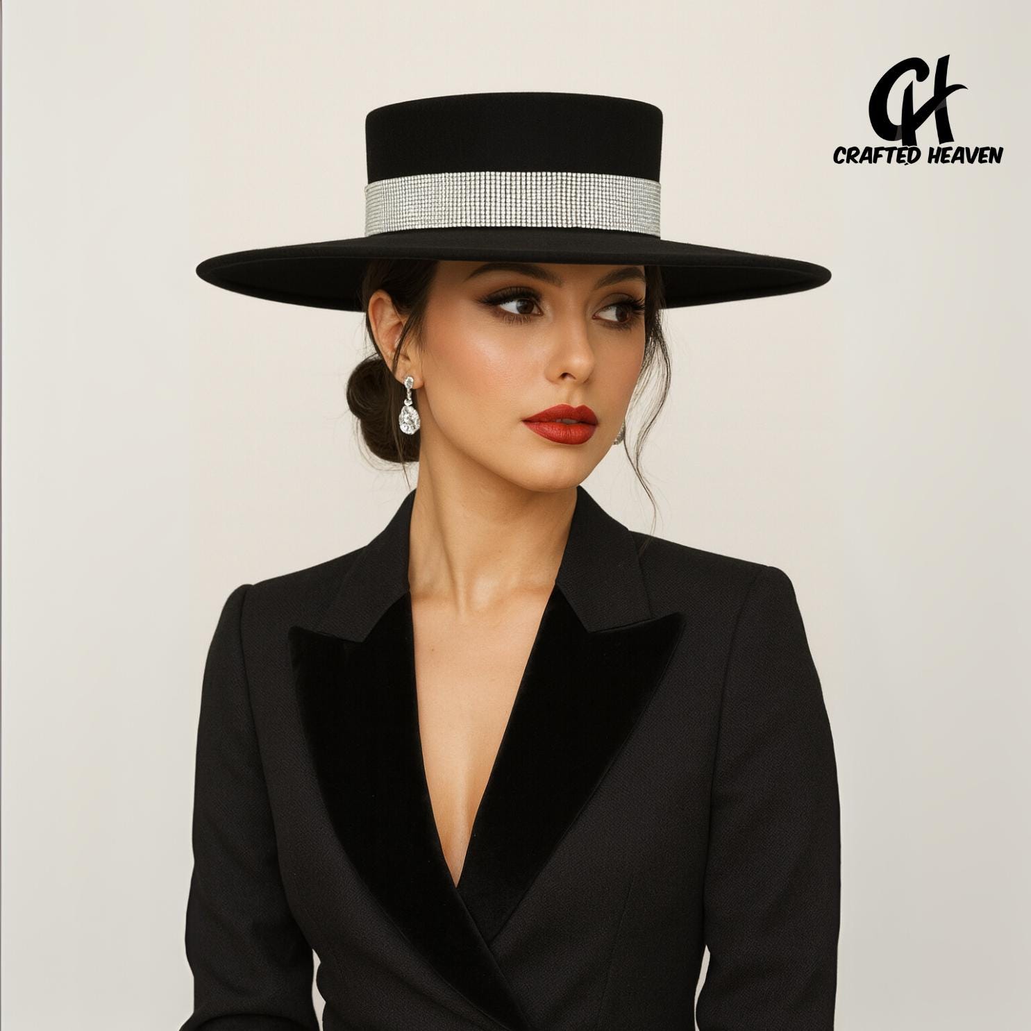 Kentucky Derby Wedding Garden Party Black Wide Brim hat with rhinestone hatband Black Wool Wide Brim Hat With Rhinestone Band Kentucky Derby  main image 3