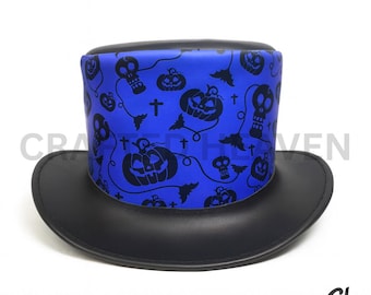 Halloween Blue Leather Top Hat, Pumpkin and Skull Steampunk Hat for Men and Women, Gothic Festival Cosplay Hat, Handmade Leather Headwear