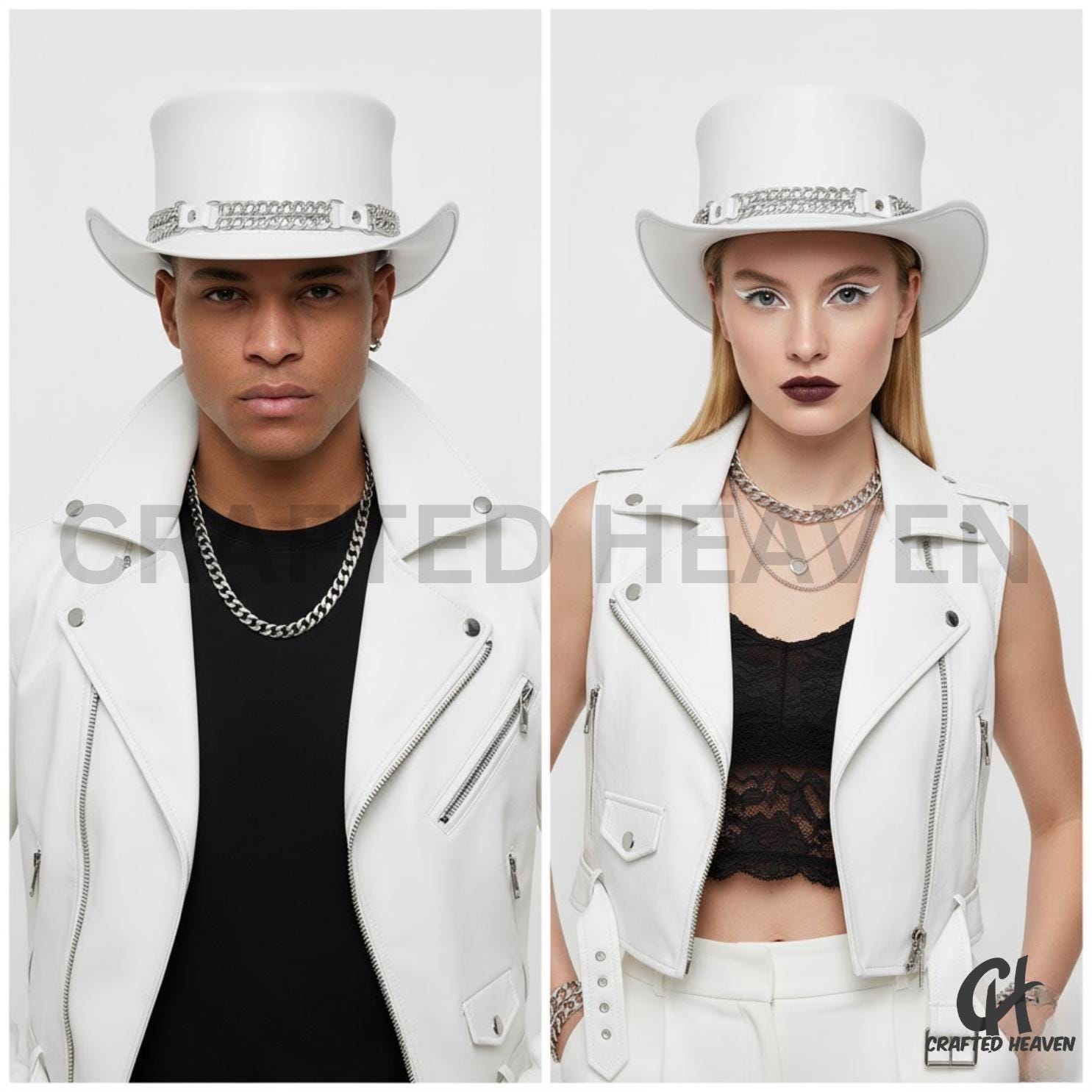 White Leather Steampunk Top Hat - Gothic Chain Festival Hat