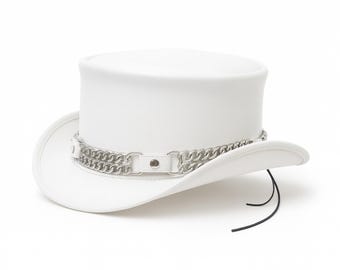 White Leather Steampunk Top Hat – Gothic Chain Festival Hat