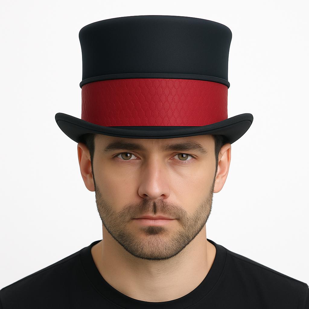 Handmade Black Leather Top Hat with Red Snakeskin Band