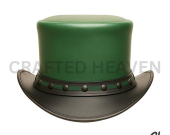 Handmade Green and Black Leather Top Hat, Steampunk Festival Headwear