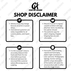 May include: A black and white graphic with the text "CRAFTED HEAVEN SHOP DISCLAIMER". The disclaimer includes information about delivery times, returns, sizing, and material variations.