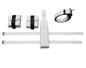 May include: A white leather utility belt set with black detailing. The set includes two small pouches, a belt, and a sheath. The belt and pouches have black straps and closures. Designed for carrying items.