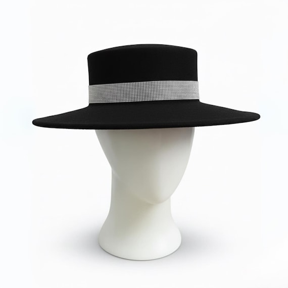 Black Wool Wide Brim Hat With Rhinestone Band Kentucky Derby  display picture 1