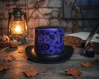 Handcrafted Purple Leather Top Hat, Halloween Pumpkin Skull Print, Gothic Steampunk Cosplay