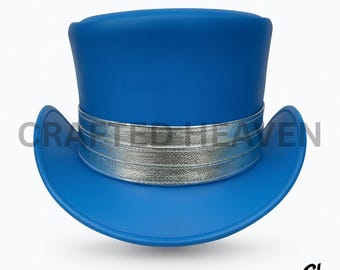 Handmade Blue Leather Top Hat with Silver Band | Steampunk Cosplay