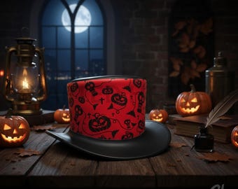 Red Halloween Leather Top Hat, Pumpkin and Skull Print Steampunk Hat for Men and Women, Gothic Festival Cosplay Hat, Handmade Leather Hat