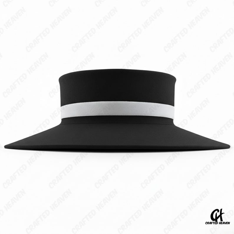 Elegant black felt top hat with wide brim and white satin band, inspired by Melania Trump’s inauguration style, displayed on white background