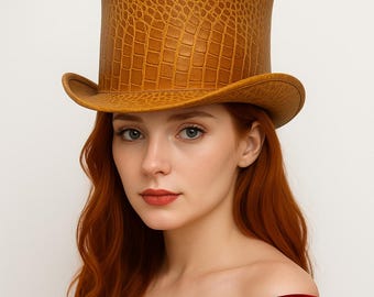 Handmade Crocodile Embossed Leather Top Hat Vintage Steampunk Western Victorian Costume Hat for Men & Women