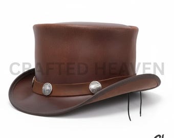 Handmade Brown Leather Top Hat, Western Conchos, Steampunk Cowboy Headwear