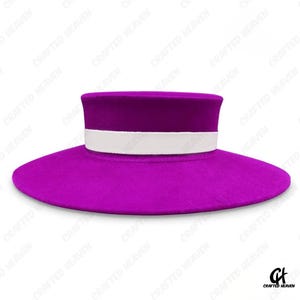 May include: A vibrant purple hat with a wide brim and a cylindrical crown. The hat features a white band encircling the crown. The hat is a solid color and is set against a white background. The hat is a fashion accessory.
