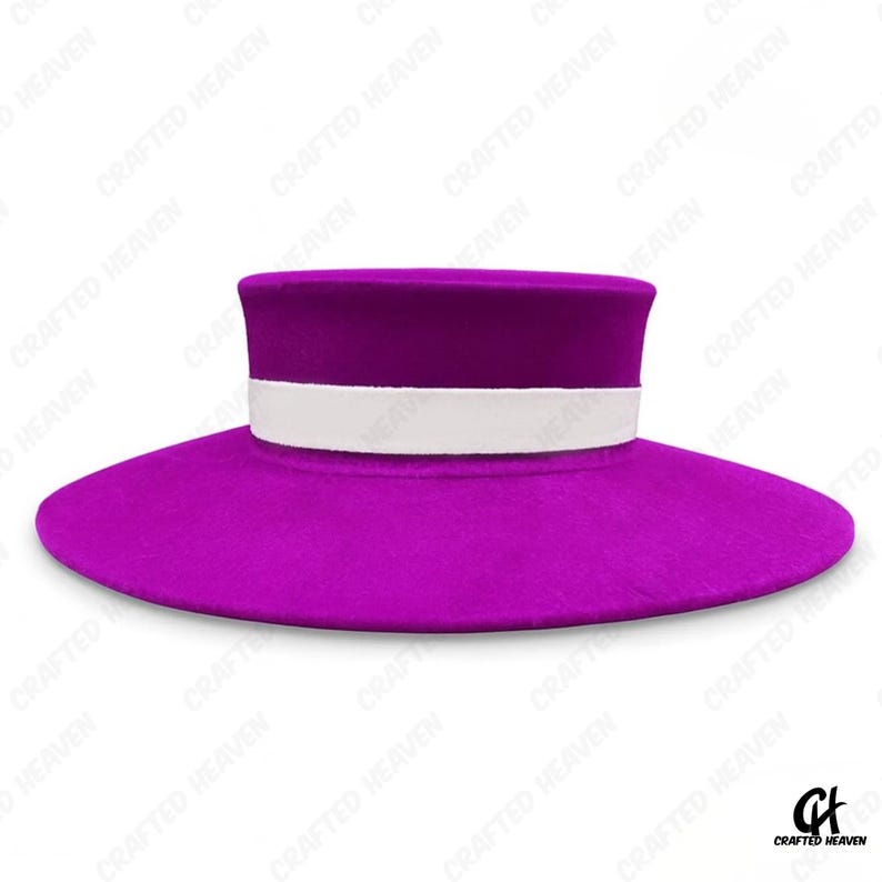 May include: A vibrant purple hat with a wide brim and a cylindrical crown. The hat features a white band encircling the crown. The hat is a solid color and is set against a white background. The hat is a fashion accessory.