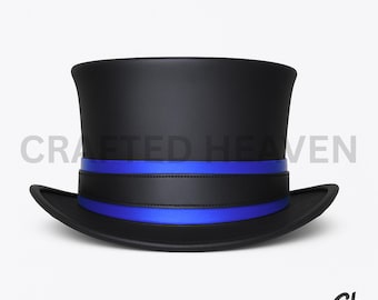 Black Leather Top Hat with Blue Band, Handmade Steampunk Hat for Men and Women, Gothic Victorian Leather Headwear, Festival Cosplay Hat
