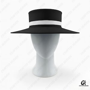 Elegant black felt top hat with wide brim and white satin band, inspired by Melania Trump’s inauguration style, displayed on white background