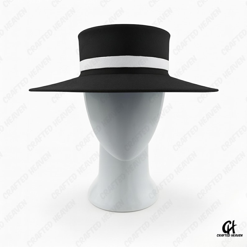 Elegant black felt top hat with wide brim and white satin band, inspired by Melania Trump’s inauguration style, displayed on white background