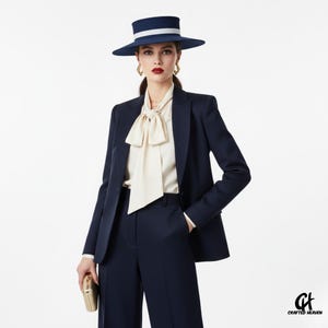 May include: A navy blue suit with a matching hat featuring a white band. The outfit includes a cream-colored blouse with a bow tie. A gold clutch is held in the hand. The image is set against a white background.