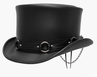 Black Leather Steampunk Top Hat with Chain | Handmade Gothic Festival & Cosplay Hat