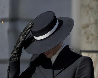Black Wool Wide Brim Top Hat – Elegant Formal Dress Hat with White Band