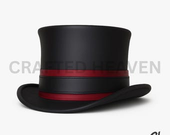 Black Leather Top Hat with Red Band, Handmade Steampunk Hat for Men and Women, Gothic Victorian Leather Headwear, Festival Cosplay Hat