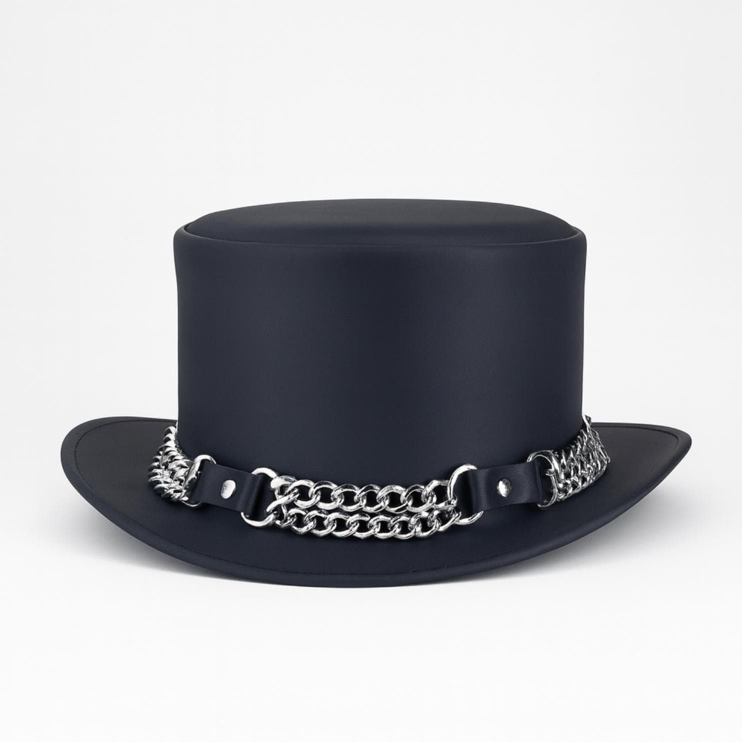 Boutique Faux Leather Hat In Black With Silver Trim Metal Chain And Badge O/S Handmade Black Leather Sailor Cap With Silver Chain: Rocker  main image 2