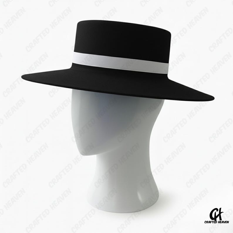 Elegant black felt top hat with wide brim and white satin band, inspired by Melania Trump’s inauguration style, displayed on white background