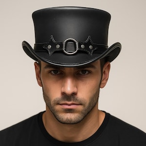 Handmade Black Leather Steampunk Hat, Gothic Rock Top Hat, Cowboy Cosplay Gift, Victorian El Dorado Western Costume Hat for Men USA 4th july