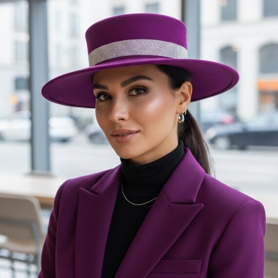 Magenta Wool Dress Hat With Rhinestone Band | Kentucky Derby  display picture 3