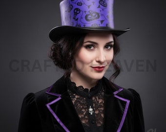 Purple Halloween Leather Top Hat, Pumpkin and Skull Print Steampunk Hat for Men and Women, Gothic Festival Cosplay Hat, Handmade Leather Hat