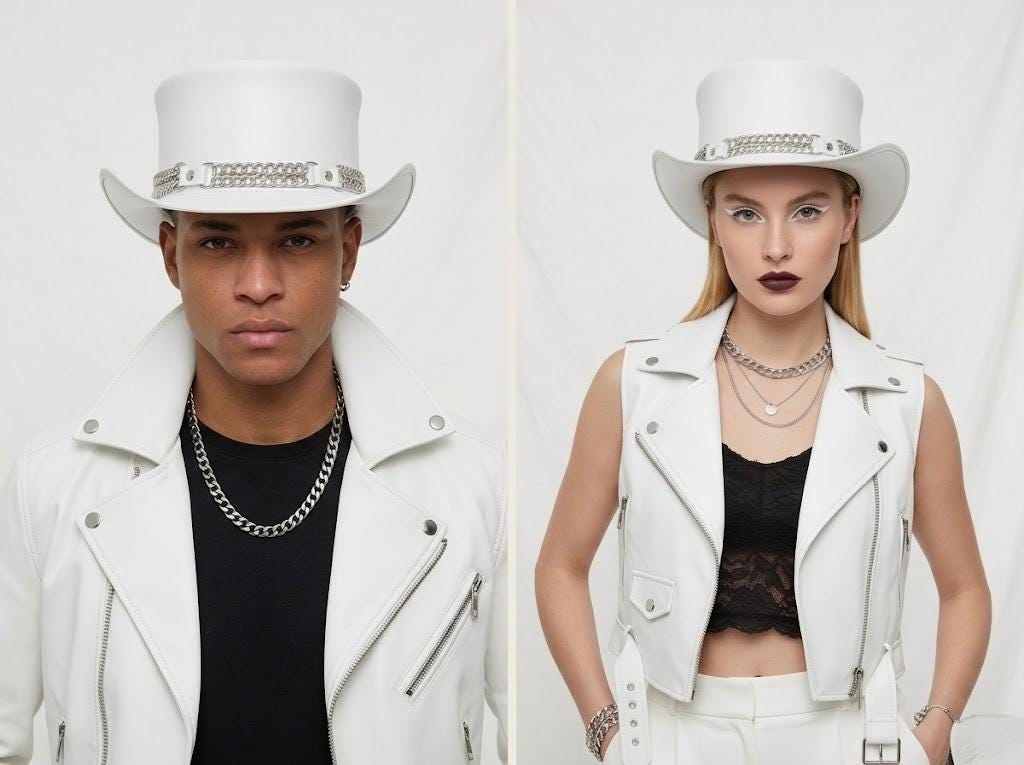 White Leather Steampunk Top Hat - Gothic Chain Festival Hat